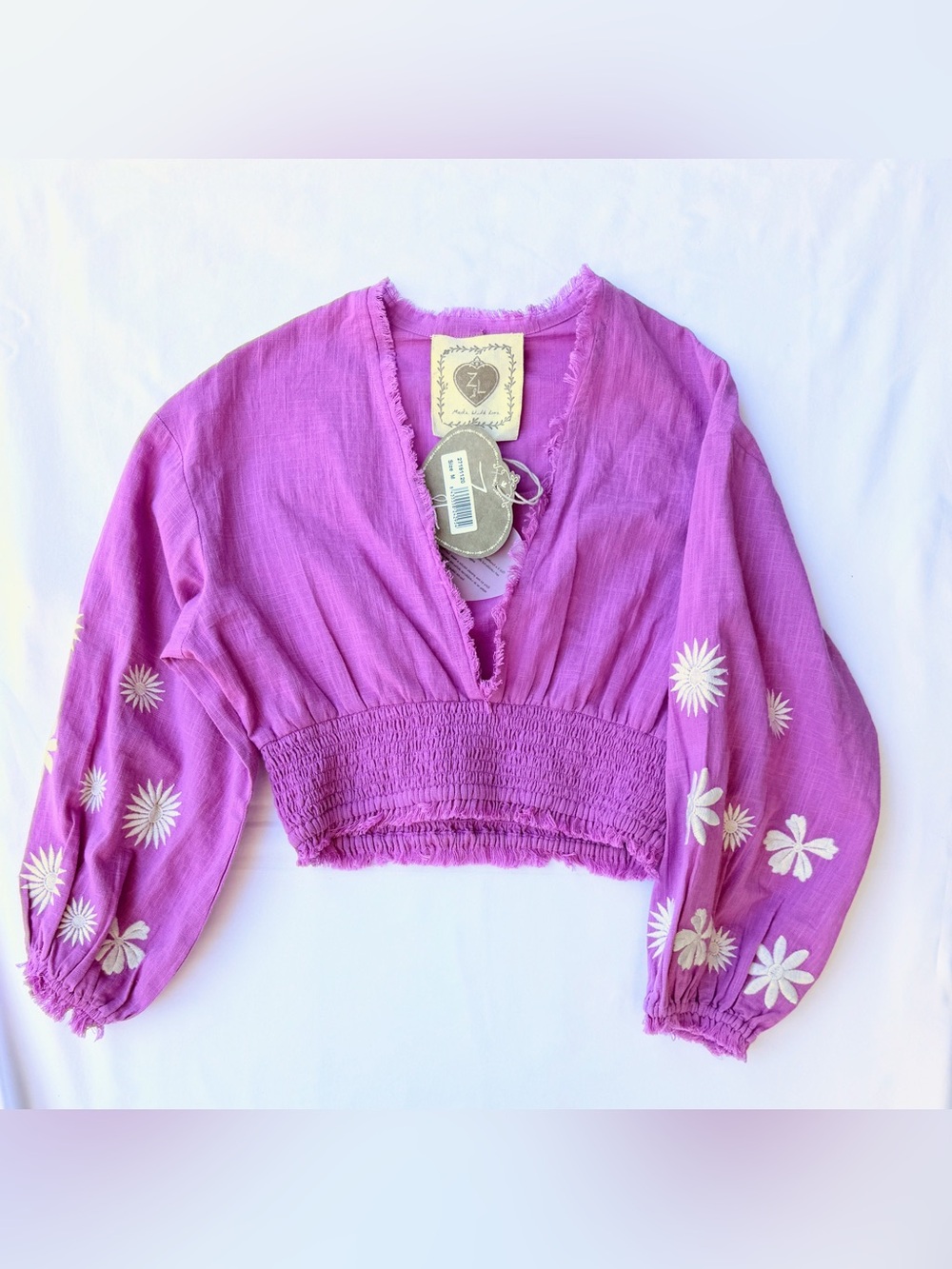 Z&L Pink Cotton Embroidered Floral Crop Top Smocked Boho M NWT